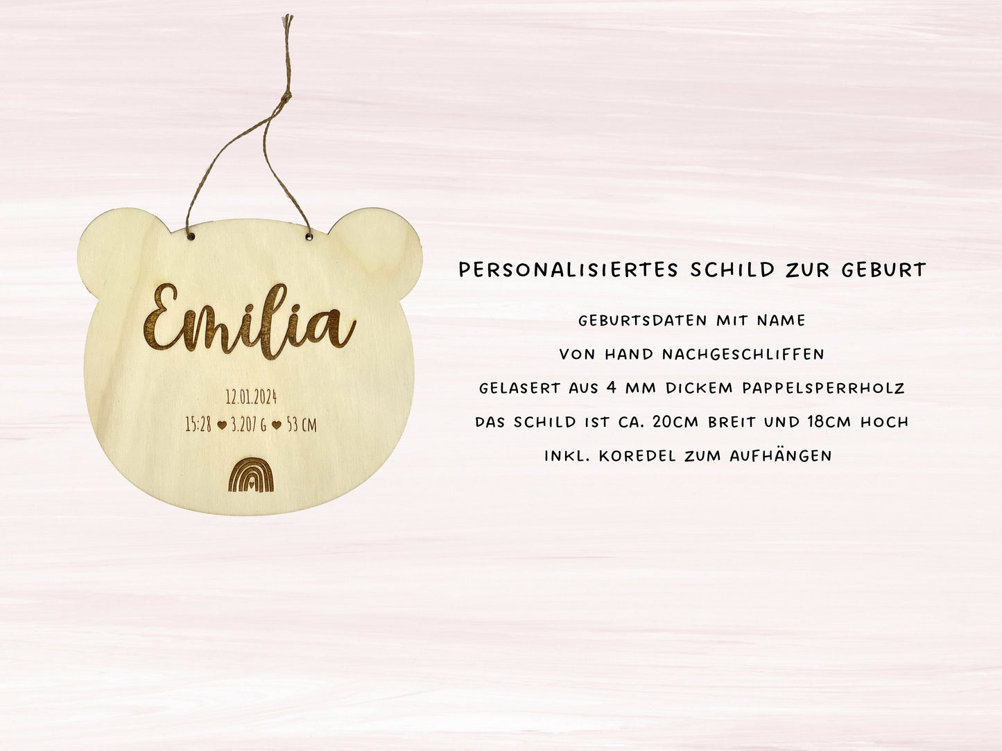 Personalisiertes Geburtsschild aus Holz Name und Geburtsdaten Geschenk zu Geburt - Motiv Teddy Regenbogen Pappel