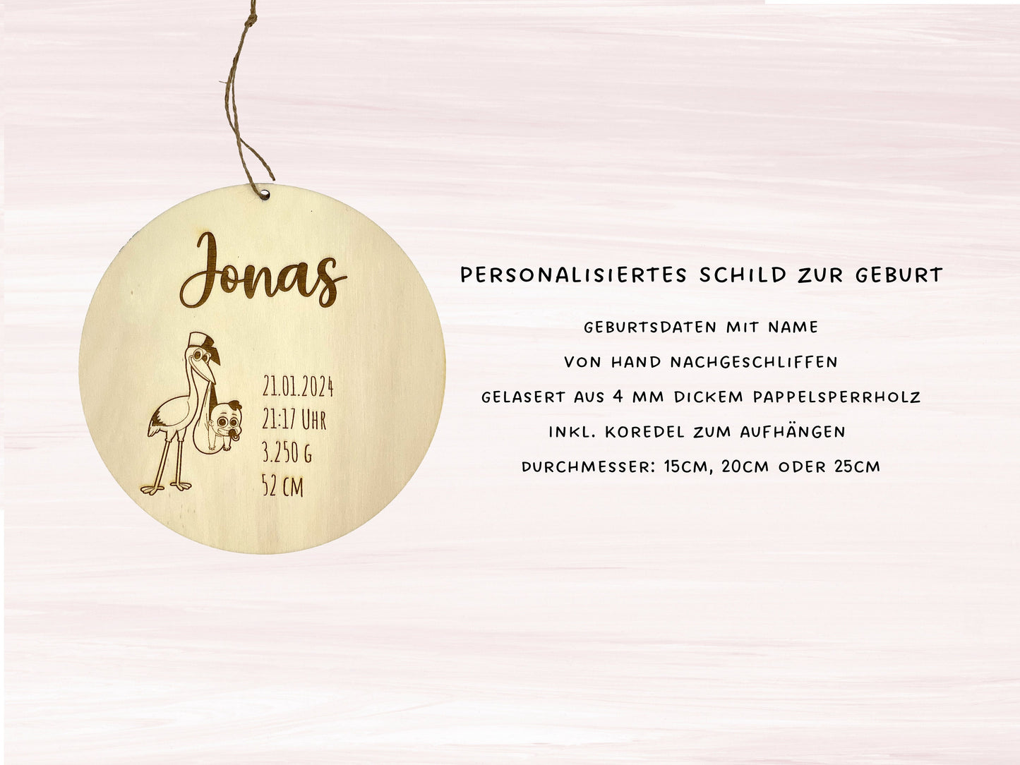Personalisiertes Geburtsschild aus Holz Name und Geburtsdaten Geschenk zu Geburt - Motiv Storch Junge Pappel
