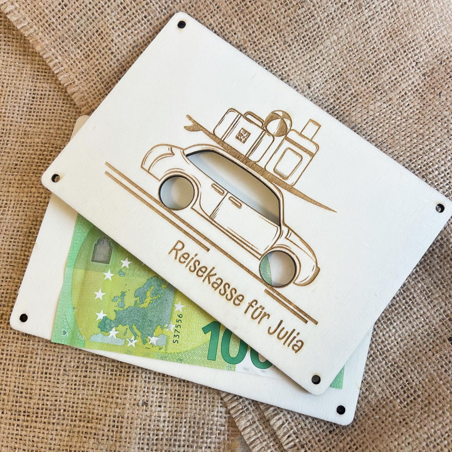 Geschenkkarte - Reisekasse Auto Koffer - Lasergraviert