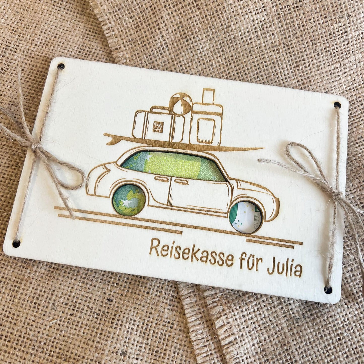Geschenkkarte - Reisekasse Auto Koffer - Lasergraviert