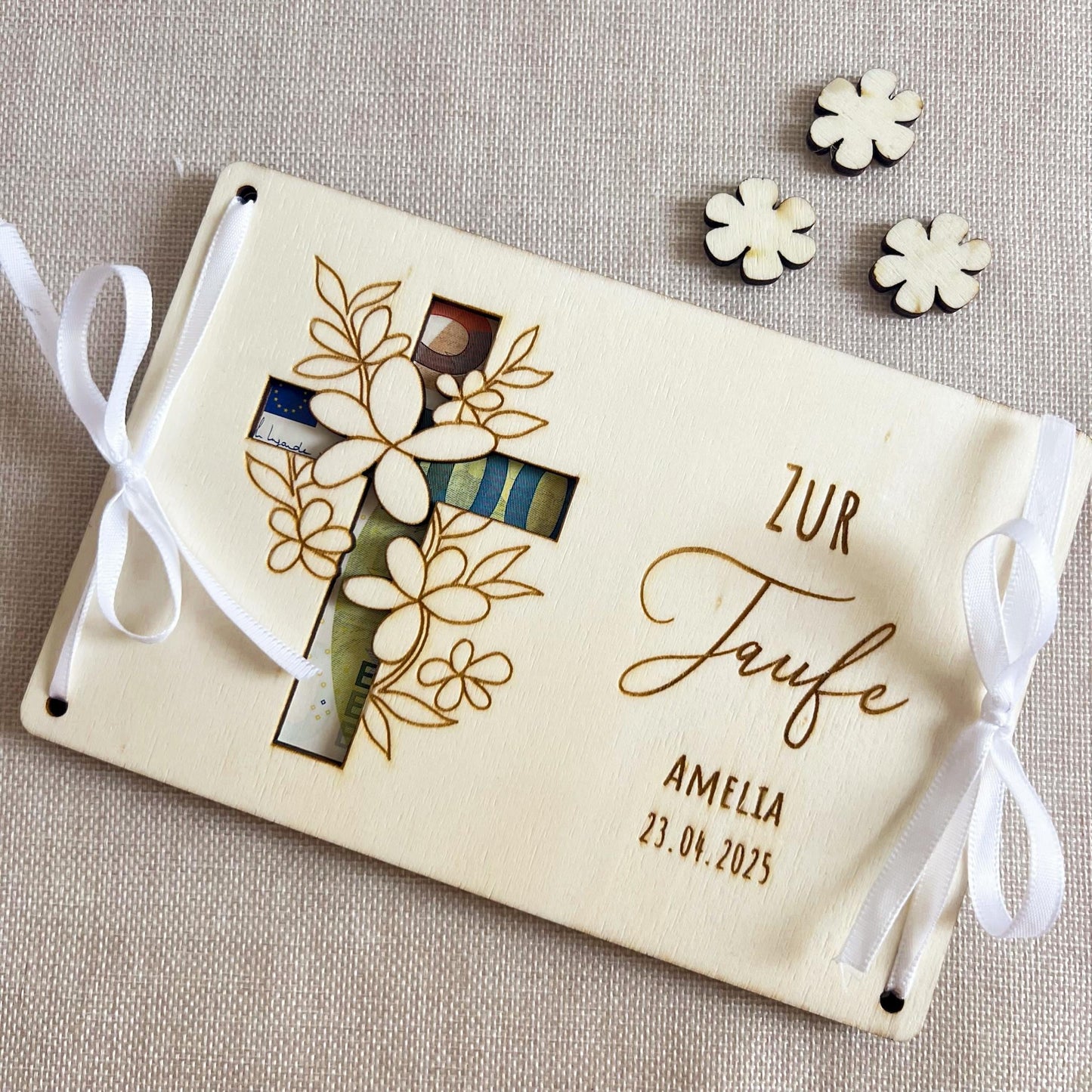 Geschenkkarte zur Taufe - Kreuz - Lasergravur