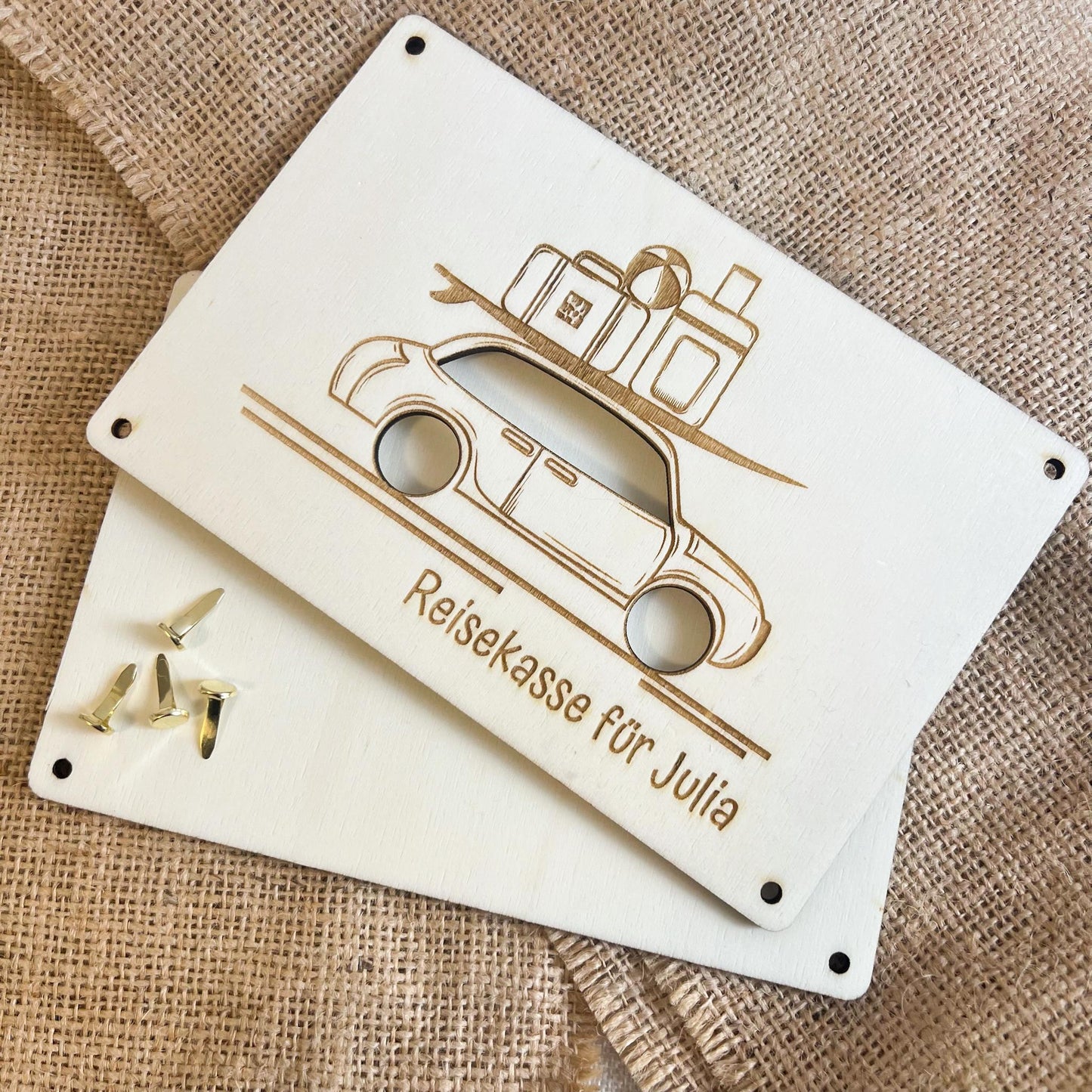 Geschenkkarte - Reisekasse Auto Koffer - Lasergraviert