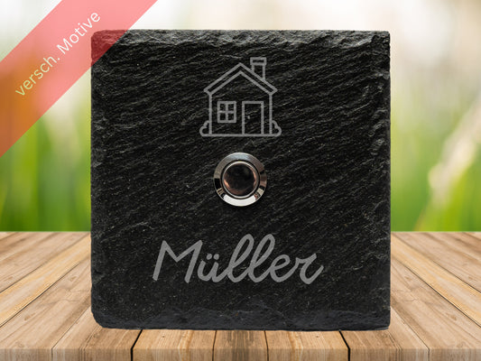 Schifer Klingelschild mit Edelstahltaster - Haus - Lasergraviert