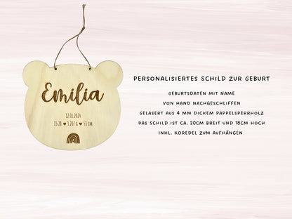 Personalisiertes Geburtsschild aus Holz  Name und Geburtsdaten  Geschenk zu Geburt - Motiv Teddy Regenbogen Pappel