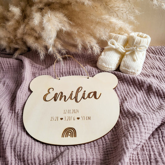 Personalisiertes Geburtsschild aus Holz  Name und Geburtsdaten  Geschenk zu Geburt - Motiv Teddy Regenbogen Pappel