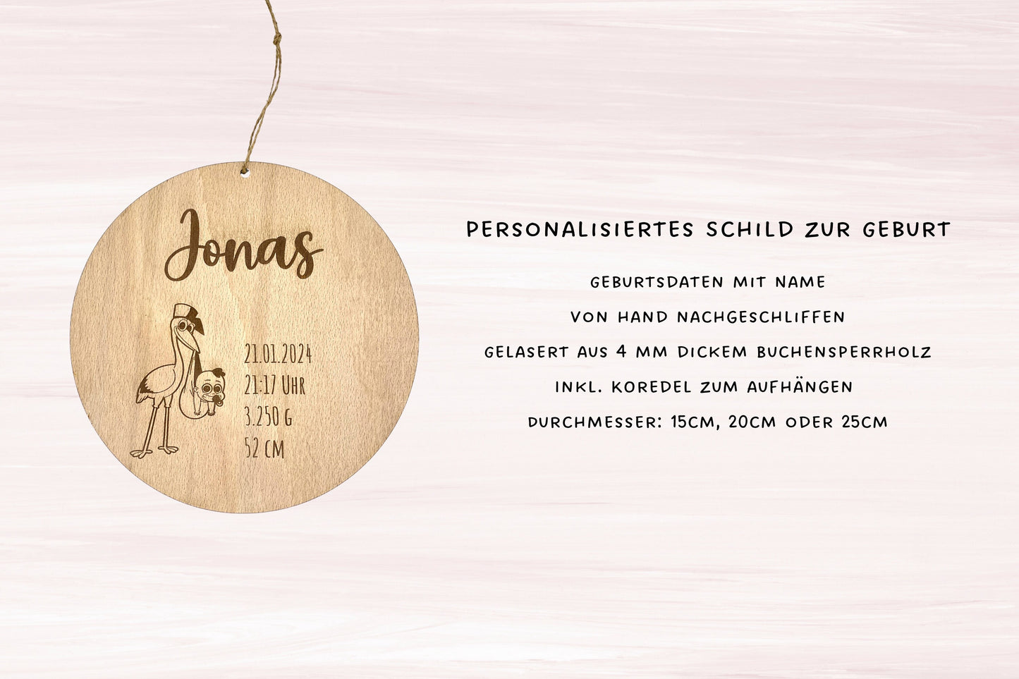 Personalisiertes Geburtsschild aus Holz  Name und Geburtsdaten  Geschenk zu Geburt - Motiv Storch Junge Buche