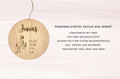 Personalisiertes Geburtsschild aus Holz  Name und Geburtsdaten  Geschenk zu Geburt - Motiv Storch Junge Buche