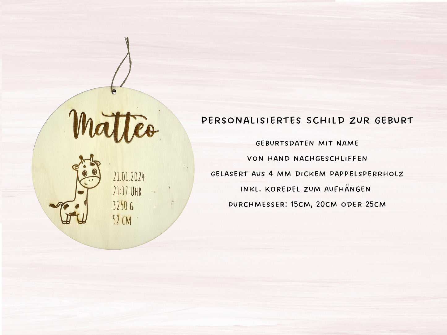 Personalisiertes Geburtsschild aus Holz  Name und Geburtsdaten  Geschenk zu Geburt - Motiv Giraffe Pappel