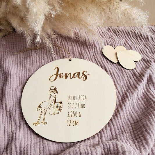 Personalisiertes Geburtsschild aus Holz  Name und Geburtsdaten  Geschenk zu Geburt - Motiv Storch Junge Pappel