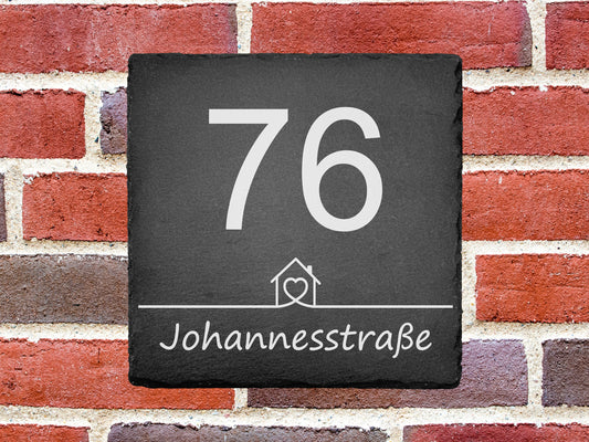 Hausnummer aus Schiefer mit Straßenname 20x20 cm - Haus - UV-Druck