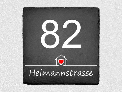 Hausnummer aus Schiefer mit Straßenname 20x20 cm - Haus - UV-Druck