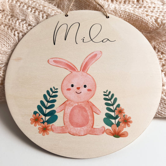 Namensschild Kinderzimmer aus Holz personalisiert - Türschild - Geschenk zur Geburt - Motiv Waldtiere Hase 1