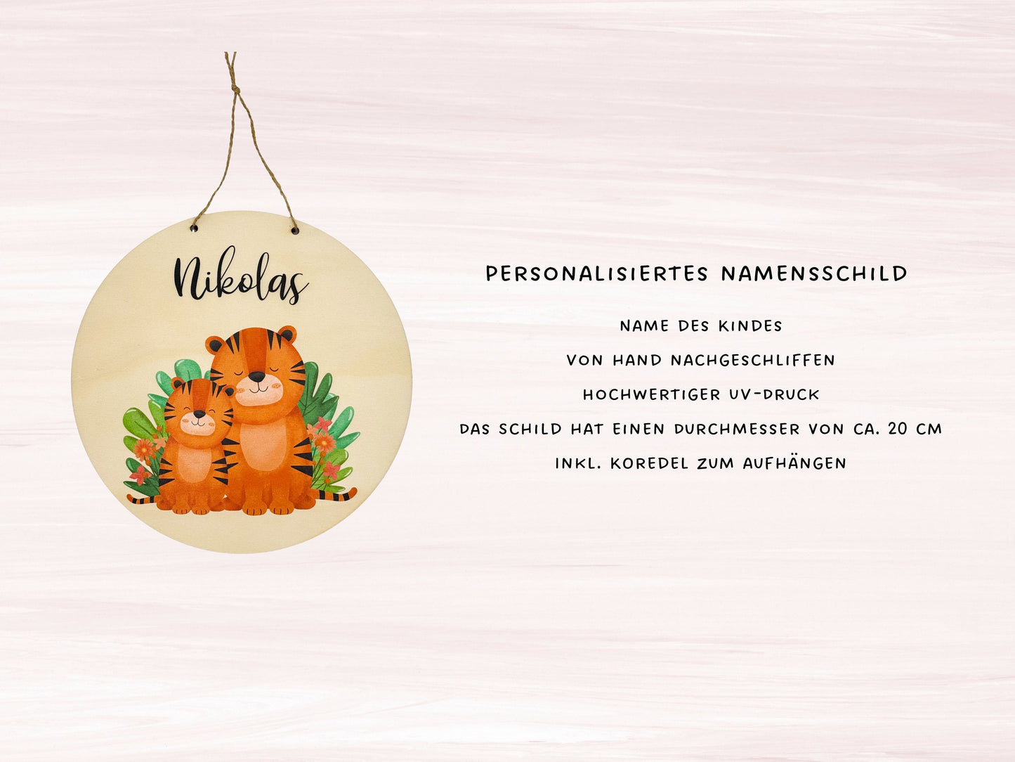 Namensschild Kinderzimmer aus Holz personalisiert - Türschild - Geschenk zur Geburt - Motiv Tiger 1