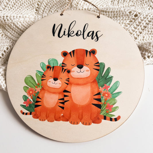 Namensschild Kinderzimmer aus Holz personalisiert - Türschild - Geschenk zur Geburt - Motiv Tiger 1