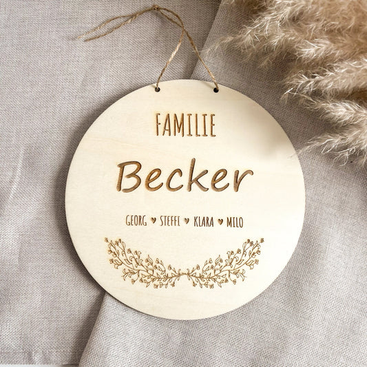 Türschild Familie aus Holz  Namensschild aus Holz für die Haustür  Personalisierte Lasergravur - Motiv 1 Rund