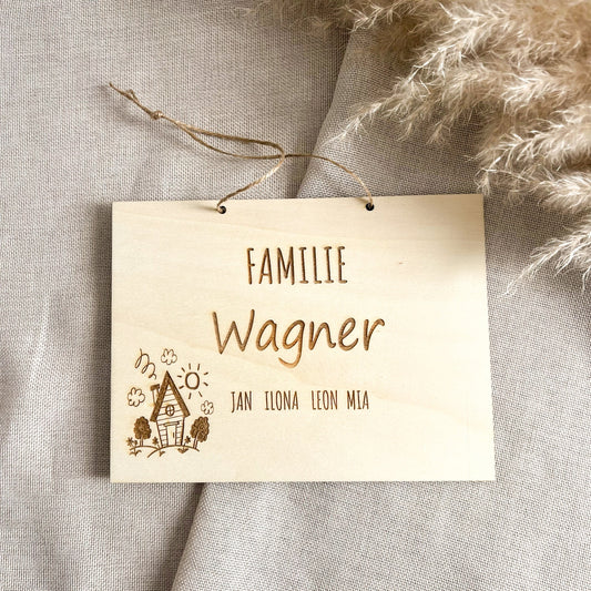 Türschild Familie aus Holz – Namensschild aus Holz für die Haustür – Personalisierte Lasergravur - Motiv 2