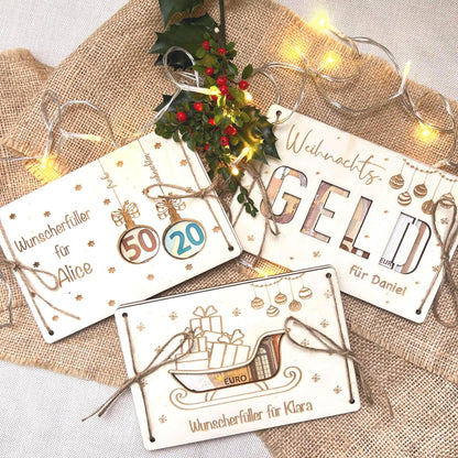 Geldgeschenk Weihnachten personalisierte Holzkarte | Weihnachtskarte aus Holz mit Name | Geschenkidee Weihnachten –  Motiv 1