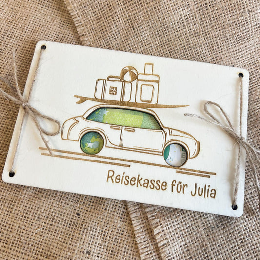 Geschenkkarte - Reisekasse Auto Koffer - Lasergraviert
