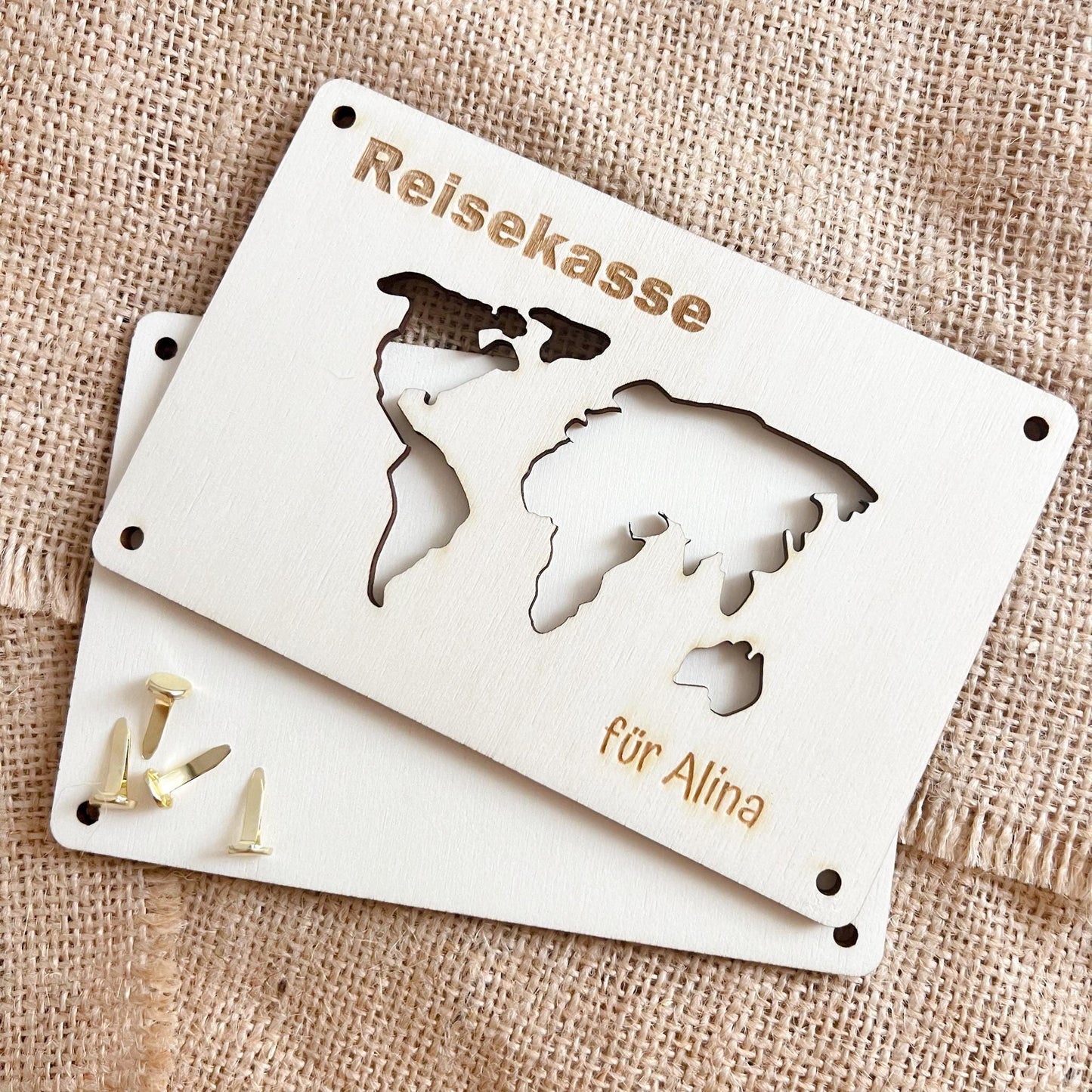 Geschenkkarte - Reisekasse Weltkarte - Lasergraviert