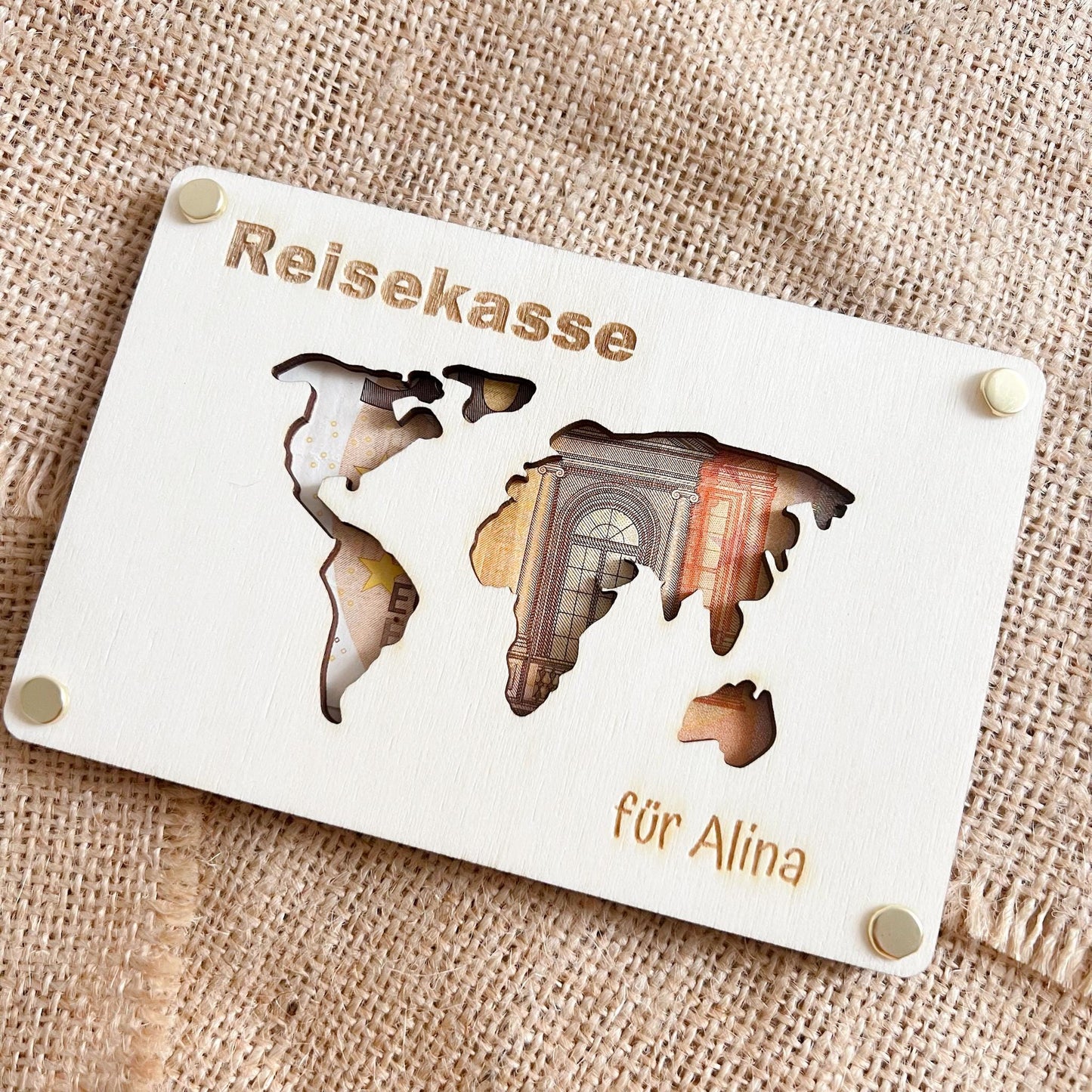 Geschenkkarte - Reisekasse Weltkarte - Lasergraviert
