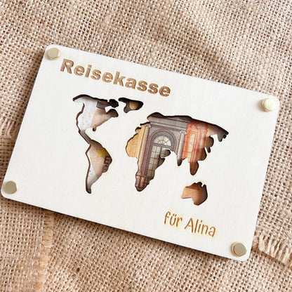 Geschenkkarte - Reisekasse Weltkarte - Lasergraviert