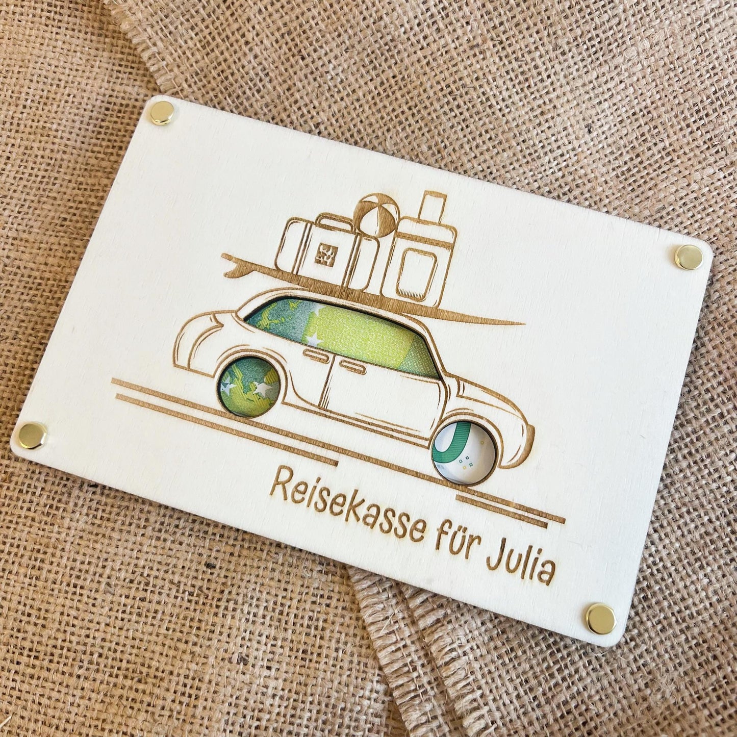 Geschenkkarte - Reisekasse Auto Koffer - Lasergraviert