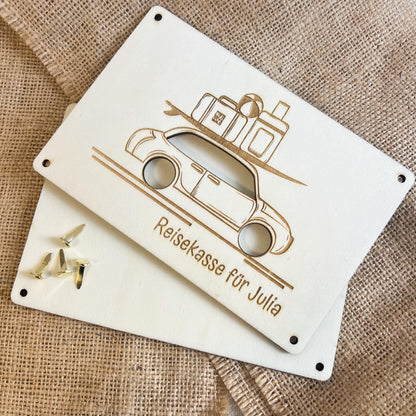Geschenkkarte - Reisekasse Auto Koffer - Lasergraviert