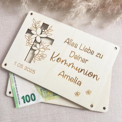 Geschenkkarte zur Kommunion - Kreuz - Lasergravur