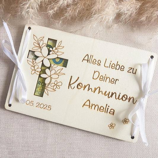 Geschenkkarte zur Kommunion - Kreuz - Lasergravur