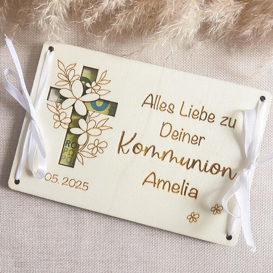 Geschnekkarte Kommunion Konfirmation Firmung - Kreuz - Lasergraviert