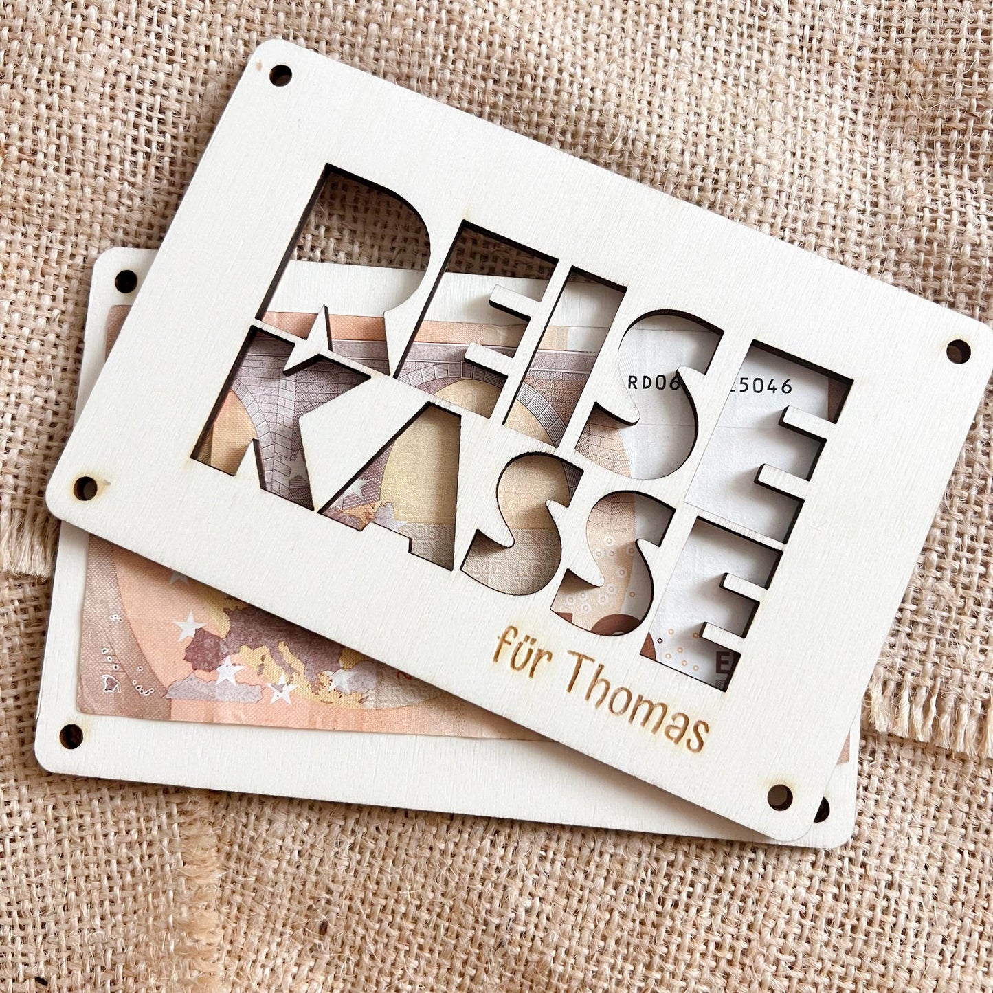 Geschenkkarte - Reisekasse Text - Lasergraviert
