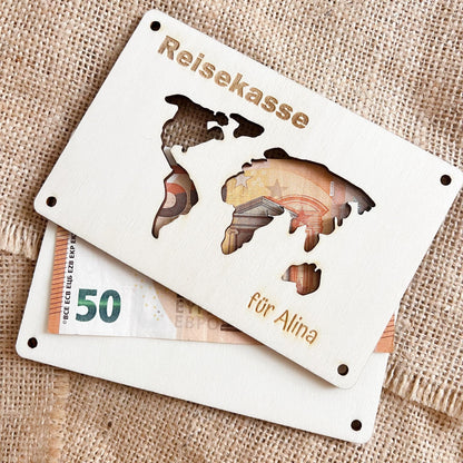 Geschenkkarte - Reisekasse Weltkarte - Lasergraviert