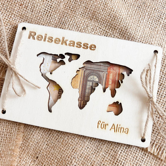 Geschenkkarte - Reisekasse Weltkarte - Lasergraviert