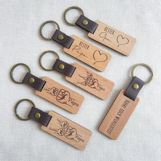 Schlüsselanhänger zum Vatertag für Papa aus Holz - Personalisiert mit Name oder Wunschtext - Bester Papa - Schlüsselanhänger für Opa - Laser