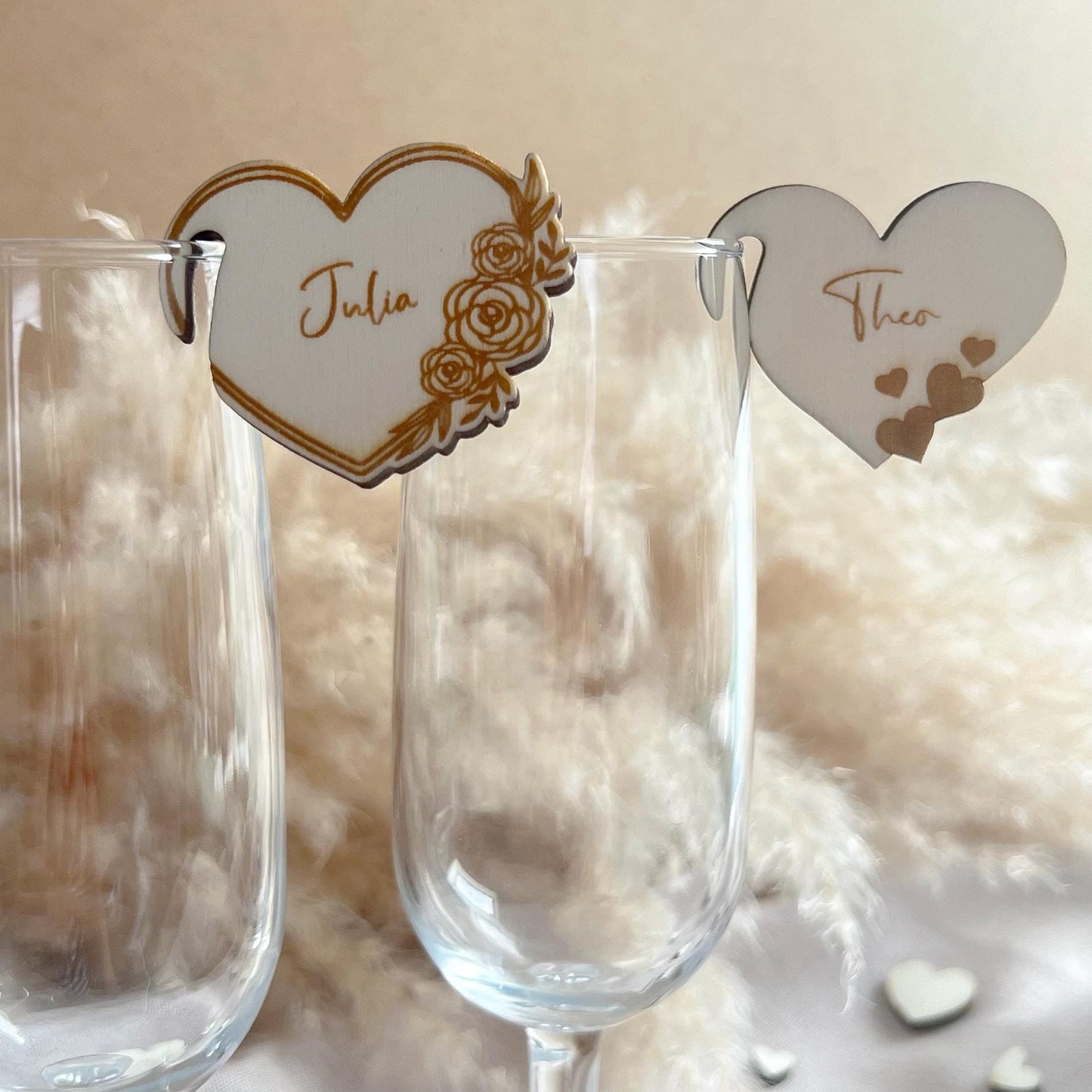 Hochzeit Platzkarten - Personalisiertes Namenschild für Glas - Thischkarten für Hochzeit, Taufe, Kommunion - Motiv Herz