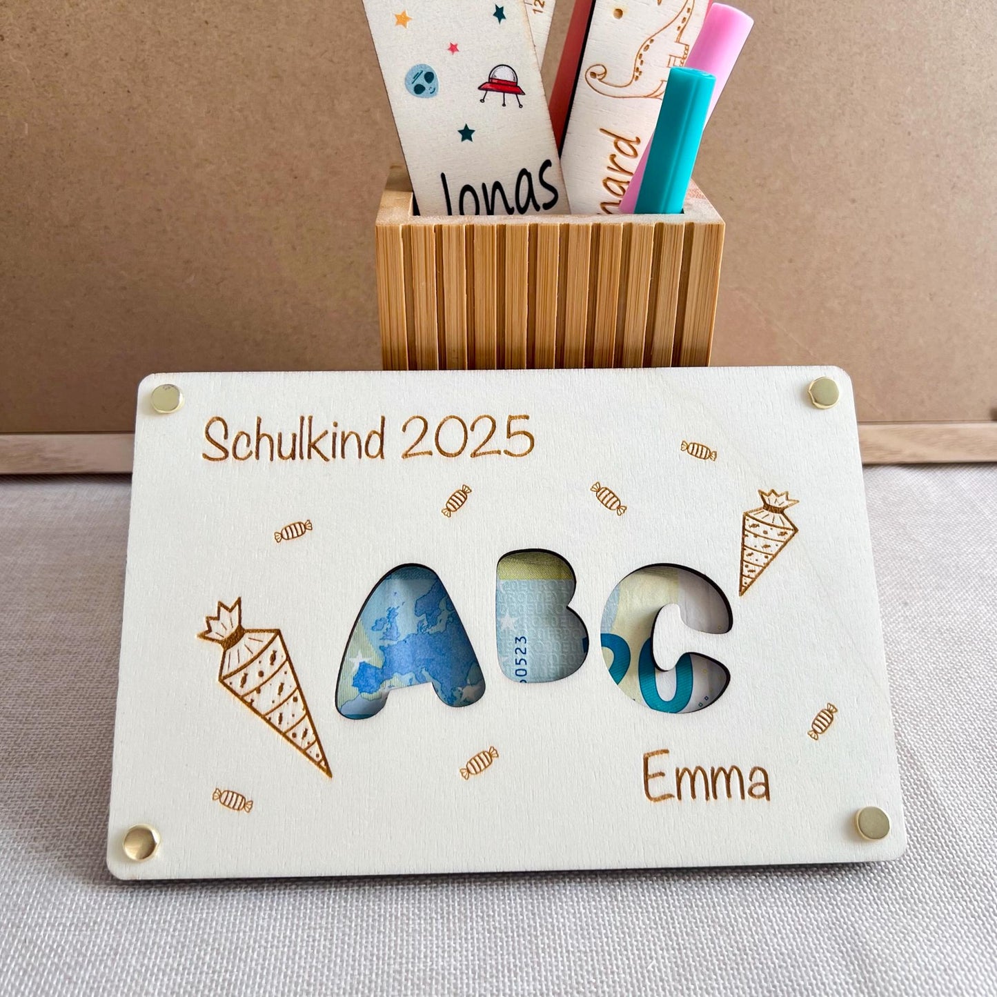 Geschenkkarte Einschulung - ABC - Lasergraviert