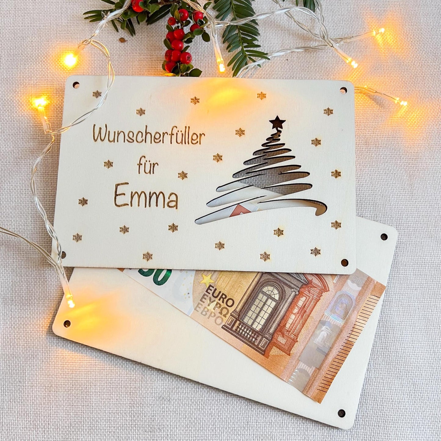 Geldgeschenk Weihnachten personalisierte Holzkarte | Weihnachtskarte aus Holz mit Name | Geschenkidee Weihnachten   Motiv 2