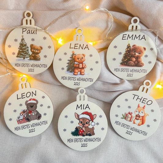 Personalisierte Weihnachtskugel aus Holz  Mit Name  Mein erstes Weihnachten 2025  Bunter  UV Druck