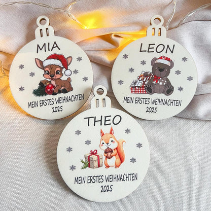 Personalisierte Weihnachtskugel aus Holz  Mit Name  Mein erstes Weihnachten 2025  Bunter  UV Druck