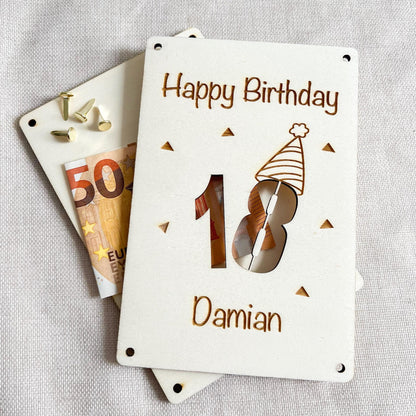 Personalisierte Geldkarte aus Holz mit Name zum 18. Geburtstag  Geschenk zum Geburtstag  Laser Gravur