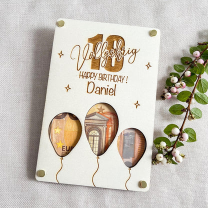 Personalisierte Geldkarte aus Holz mit Name zum 18. Geburtstag  Geschenk zum Geburtstag  Laser Gravur