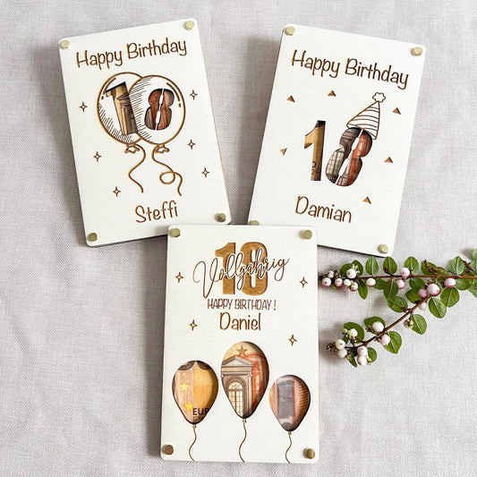 Personalisierte Geldkarte aus Holz mit Name zum 18. Geburtstag  Geschenk zum Geburtstag  Laser Gravur