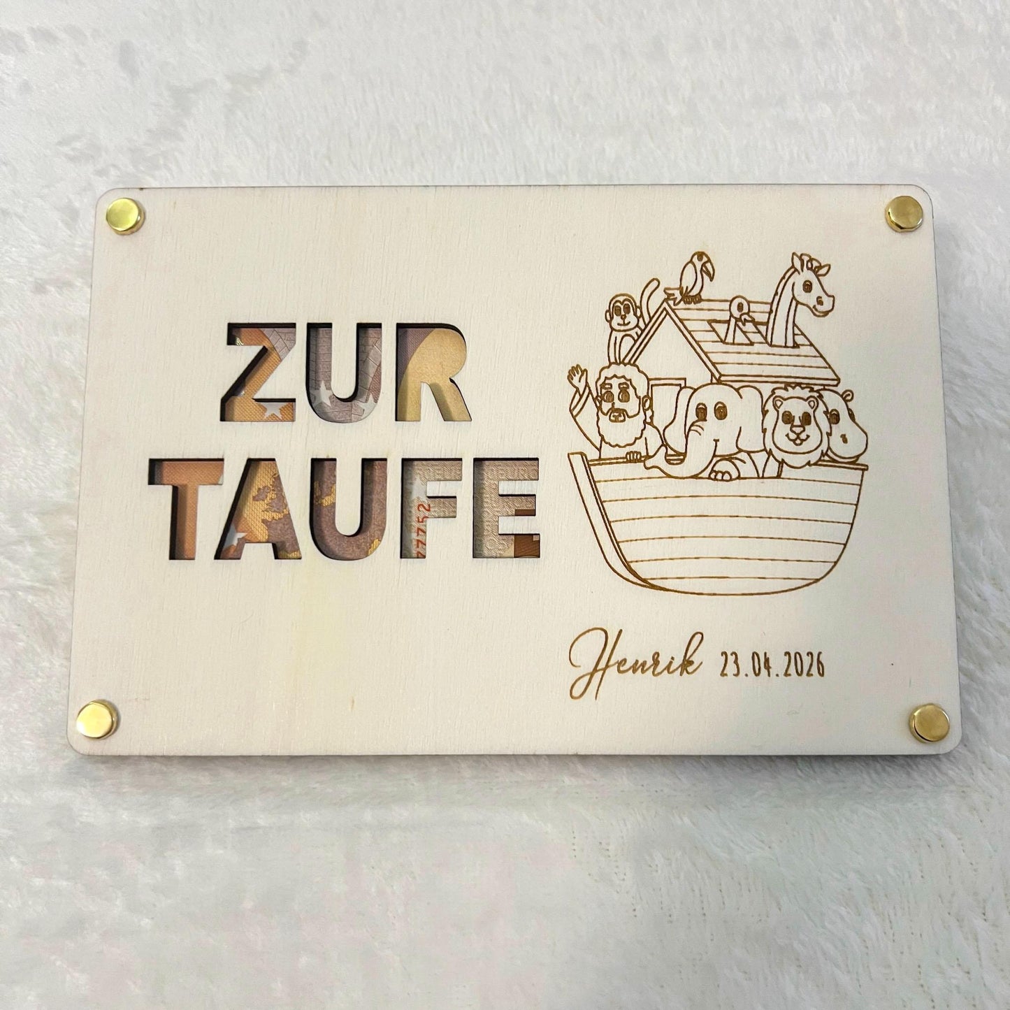 Geldgeschenkkarte zur Taufe aus Holz  personalisiert mit Name & Datum  Taufgeschenk Holz Karte  Set 1