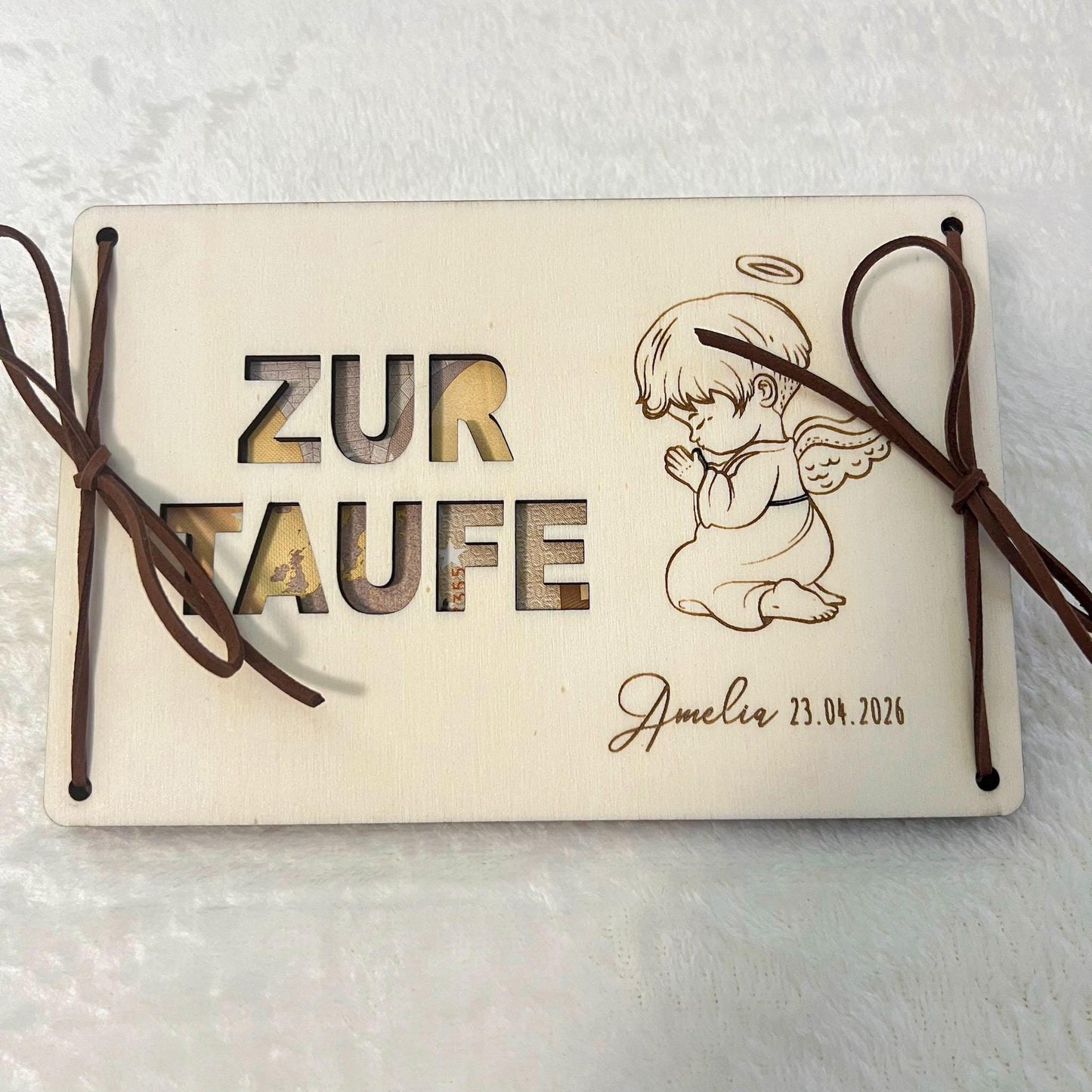 Geldgeschenkkarte zur Taufe aus Holz  personalisiert mit Name & Datum  Taufgeschenk Holz Karte  Set 1