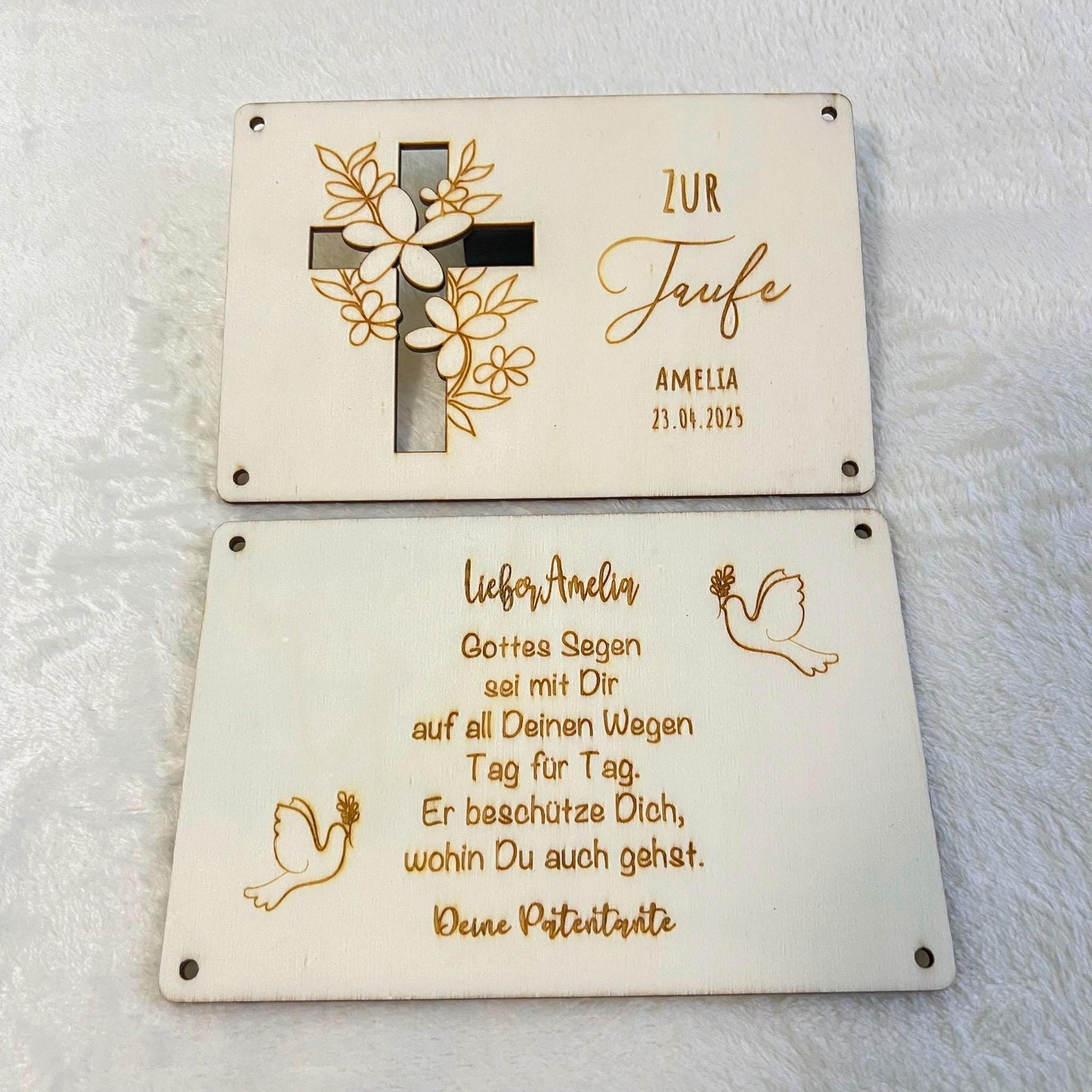 Geldgeschenkkarte zur Taufe aus Holz  personalisiert mit Name & Datum  Taufgeschenk Holz Karte  Set 1