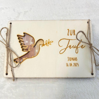 Geldgeschenkkarte zur Taufe aus Holz  personalisiert mit Name & Datum  Taufgeschenk Holz Karte  Set 1