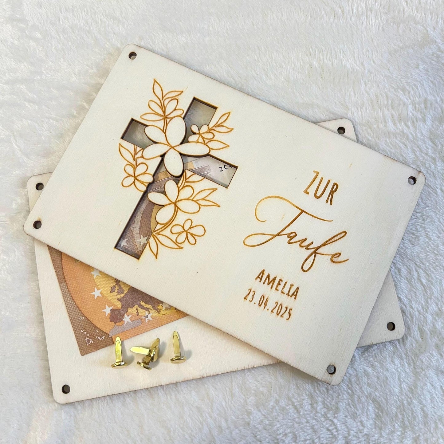 Geldgeschenkkarte zur Taufe aus Holz  personalisiert mit Name & Datum  Taufgeschenk Holz Karte  Set 1