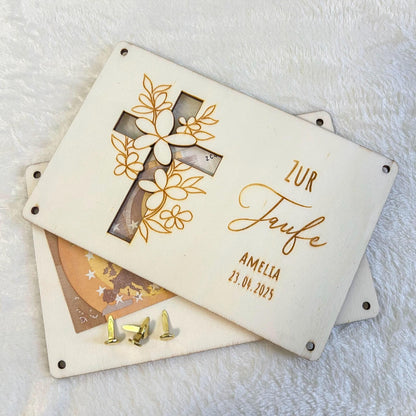 Geldgeschenkkarte zur Taufe aus Holz  personalisiert mit Name & Datum  Taufgeschenk Holz Karte  Set 1