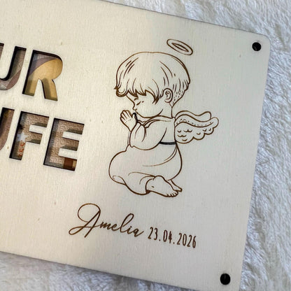 Geldgeschenkkarte zur Taufe aus Holz  personalisiert mit Name & Datum  Taufgeschenk Holz Karte  Set 1