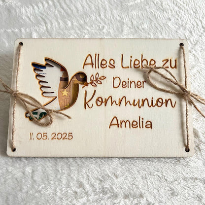 Geldgeschenkkarte zur Kommunion aus Holz  personalisiert mit Name & Datum  Geschenk Kommunion, Firmung, Konfirmation, Taufe  Set 1